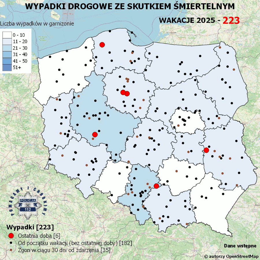 Mapa prezentująca liczbę wypadków poprzedniej doby w Polsce. Prezentowane dane są dostępne w tekście poniżej.